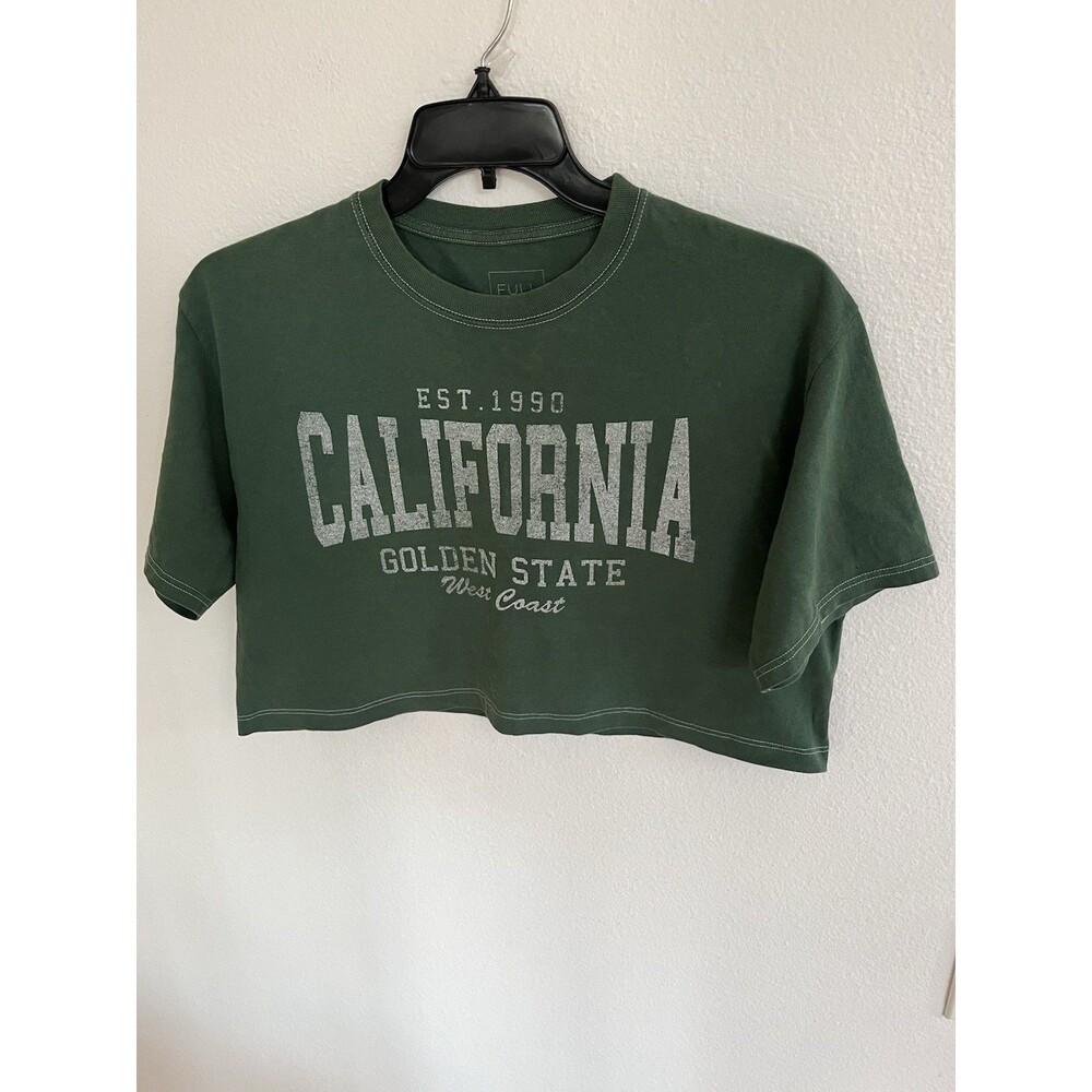 Full Tilt California Golden State Crop Top Graphic Tee Small Green 100%Cotton
